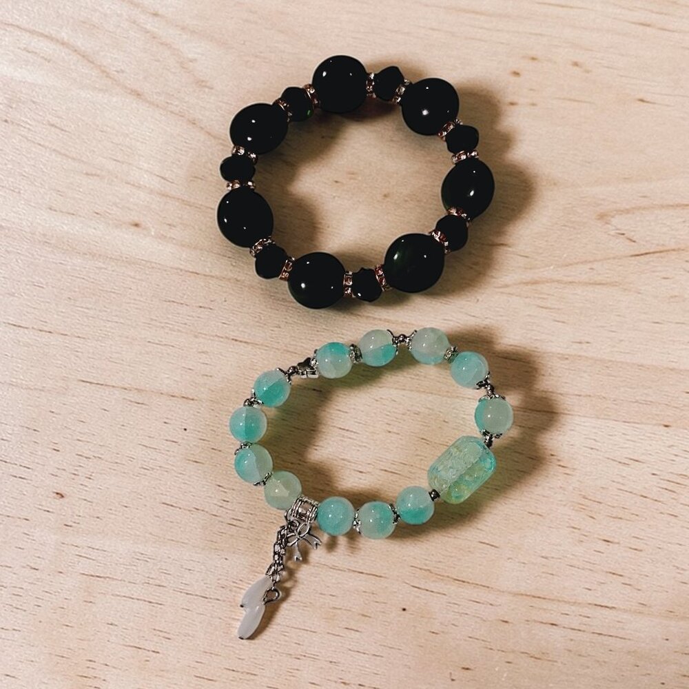 2 Handmade Jewelry Adjustable Chunky Green Light Teal Glass Bead Charm Bracelets